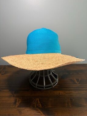 SCALA Straw Wide-Brim Sun Hat with Decorative Teal Scarf Accent Scala Collezione Ruffia Straw Sun Hat Palm Tree Band | eBay main image 4